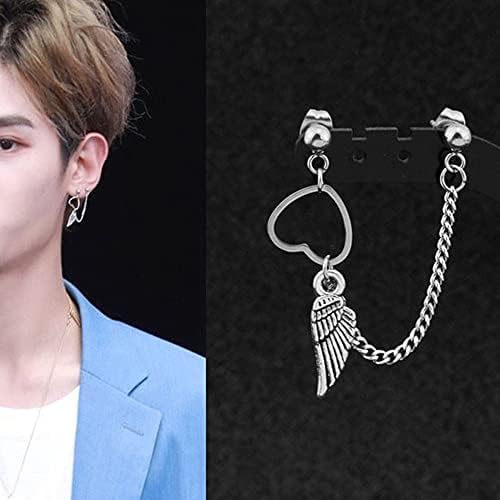Heart Wing Tassel Chain Drop Dangle Double Piercing Ball Stud Earring for Women Girls Stainless Steel Love Angel Statement Hypoallergenic Ear Crawler Climber Vine Cartilage Tragus Studs 1 Piece