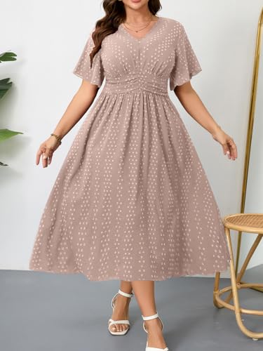 Image of RWJ Women's Plus Size Maxi Dress V Neck Short Sleeve Swiss Dot A Line High Waist Boho Swing Casual Summer Dresses