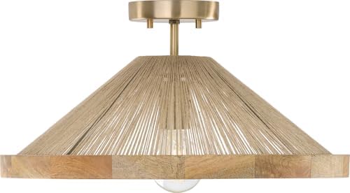 Capital Lighting 252811MA Maya Modern Mango Wood and Hand-Wrapped Natural Jute Rope Cone Convertible Dual Mount Semi-Flush/Pendant, 1-Light 100 Watt, 11" H x 20" W, Matte Brass