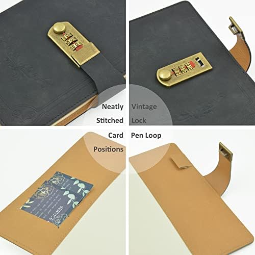 Auvier Diary with Lock, PU Leather Password Lock Notebook, Lockable Journal for Adults with Combination Lock, A5 Writing Notebook Secret Notepad for Office Women Men, Black