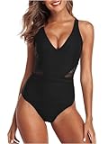 SOCIALA Womens Crochet V Neck One Piece Swimsuits High Waisted Bathing Suit Backless Hollow Monokini Swimwear Black M
