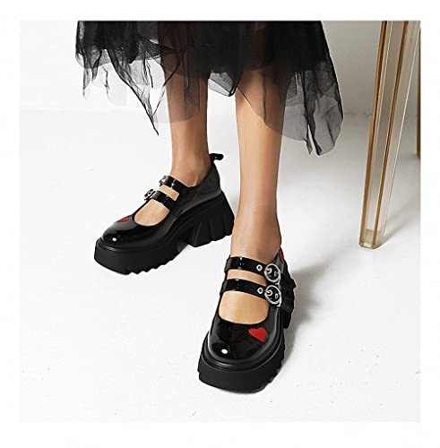 Image of Women's Platform Mary Janes Heart Cat Buckle Rivets Ankle Lolita Gothic Princess Platform Pumps Patent Leather Thorn Vintage Traditional Embroidery Upper Dress Shoes