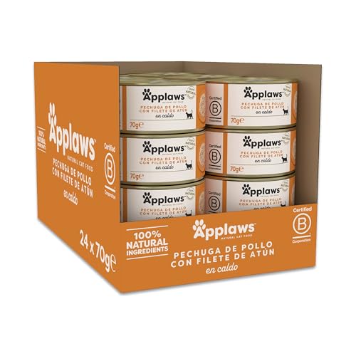 Applaws 100 % Natural Comida húmeda para Gatos Adultos, pechuga de Pollo con Filete de atún en Caldo, 24 × 70 g latas