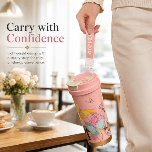 Image of Vasukie Stainless Steel Coffee Tumbler with Carrying Strap, Aesthetic Pink Butterfly & Floral Travel Mug, Leakproof Water Bottle for Women & Girls (500ML)