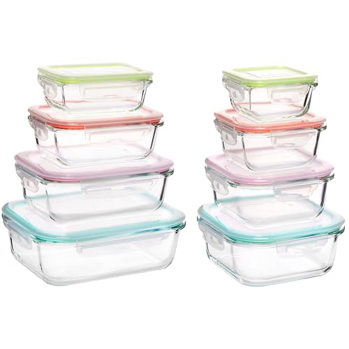 Vtopmart 8 Pack Glass Food Storage Containers with Airtight Lids, Glass Meal Prep Containers, Lunch Containers for Microwave, Oven, Freezer and Dishwasher, BPA Free