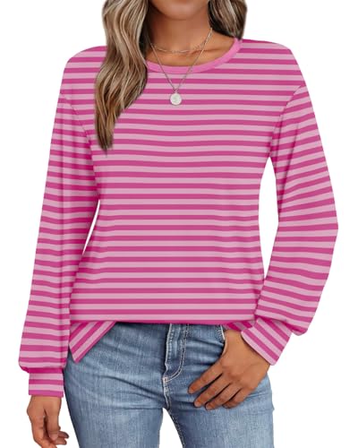 OFEEFAN Tops for Women Trendy Fall Striped Shirt Women Long Sleeve Womens Fall Fashion 2024 Pink Stripe L