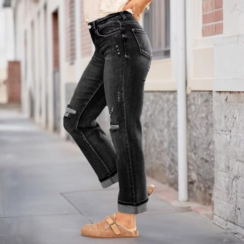 Women's Wide Leg Jeans High Waisted Stretchy Denim Capri Pants Roll-up Skinny Cuffed Cropped Distressed Jeans4