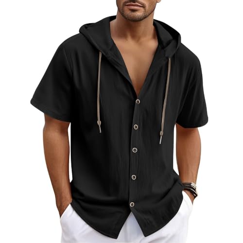 Bsrpolry Hemd Herren Baumwolle und Leinen Hoodie Kurzarmhemd Strandhemd Sommerhemd Elegantes Hemd Schwarz M