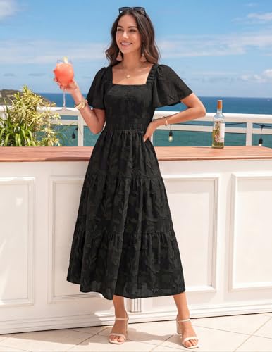 Image of ZESICA Women's Summer Boho Floral Midi Dress 2026 Casual Short Sleeve Square Neck Flowy Beach Vacation Long Dress