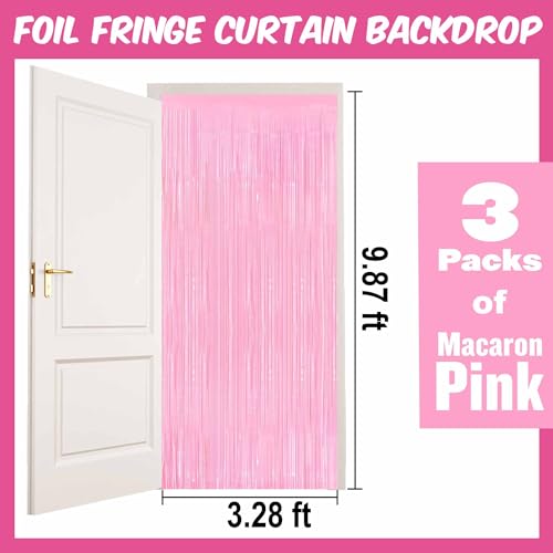 Image of 3 Pack Macaron Pink Foil Fringe Curtains Backdrop, 3.28 x 9.8 Ft Metallic Streamers Tinsel Curtains Background for Photo Booth, Birthday, Halloween, Christmas, New Year Party Decorations
