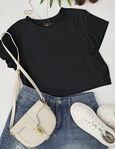 Merokeety Womens Summer Short Sleeve Crewneck Crop Tops Casual Solid T-Shirts, Black, S #TOP5