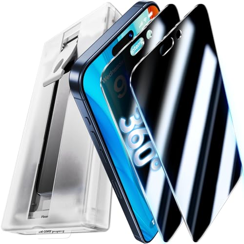 UniqueMe 2 Pack for Privacy Screen Protector iPhone 15 Pro Max, 360° /4-way Anti-Spy, Easy Installation, 9H Tempered Glass, No Bubbles, Anti-Glare, Case Friendly, Automatic Dust Removal - 6.7 inches