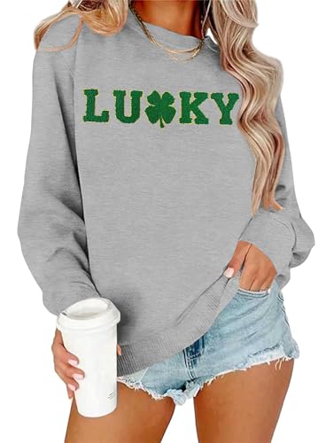 VVNTY St. Patricks Day Sweatshirt for Women: Embroidered Lucky Shamrock Graphic Tee Shirts Paddys Day Pullover Tops