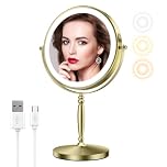 Matekxy 8" Makeup Mirror with Lights, 1X/10X Magnifying Rechargeble Double Sided Standing Vanity Mirrors with 360°Rotation|3 Colors Brightness Adjustable|Touch Sensor Dimming-Gold
