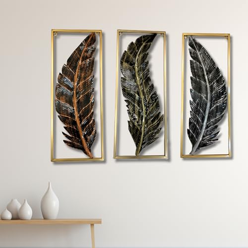 Image of SNS DECOR Metal Frame Leaf Set of 3 Wall Art Decorations | Modern Luxury Metal Wall Art Decor, | Perfect 3D Wall Sculpture For Living Room, Restaurant, Hotel & Office (Antique)