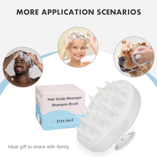 FREATECH Massager Shampoo Brush with Soft Silicone Bristles for Scalp Care, Shower Hair Scalp Scrubber Exfoliator for Dandruff Removal and Hair Growth, Wet & Dry for Men, Women and Kids, White
