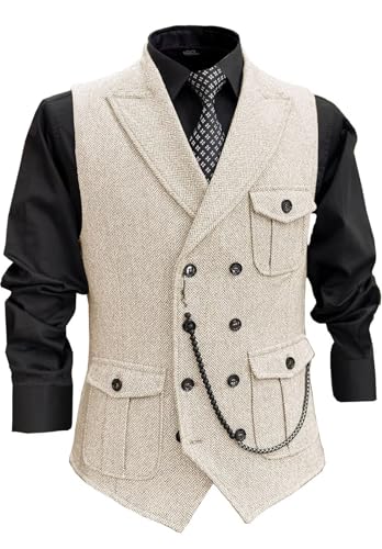 Men's Tweed Retro Vest Business Slim Fit Double Breasted Herringbone Waistcoat Multi-pocket