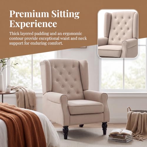 Image of Tufted Wingback Accent Manual Single Lounge Recliner Chair, Beige