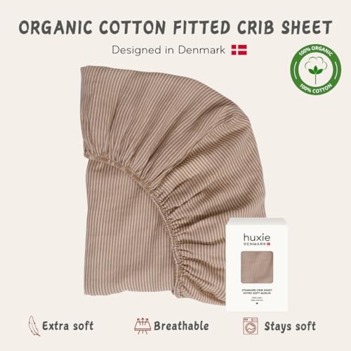 Image of Crib Sheets - Organic Cotton Muslin Fitted Crib Sheet - Standard Size for Baby Boy and Baby Girl 28 inch x 52 inch Ultra-Soft and Breathable. (Natural Stripe)