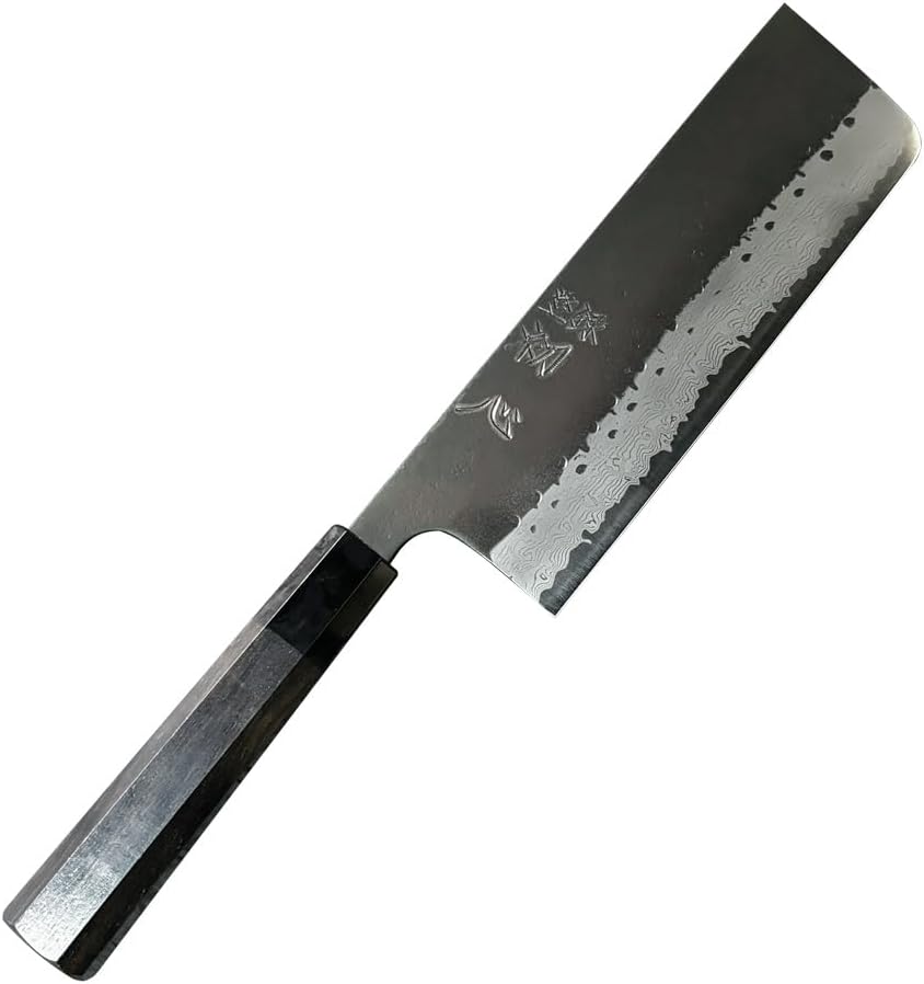 Japanese nakiri knife 6.5inch Aogami Super Takahiro Nihei Hand-forged, hand-ground, hand-sharpened Kurouchi Damascus kitchen knife Double-edged Blade (50/50 Grind), 165mm, Black