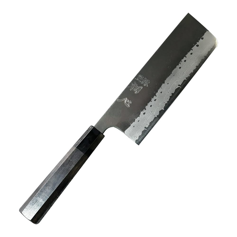 Japanese nakiri knife 6.5inch Aogami Super Takahiro Nihei Hand-forged, hand-ground, hand-sharpened Kurouchi Damascus kitchen knife Double-edged Blade (50/50 Grind), 165mm, Black