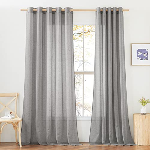 NICETOWN Faux Flax Linen Sheer Curtains 96 inch Long, Grommet Rustic Flax Semi Sheer Window Drapes with Light Filtering for Farmhouse/Patio Door, Charcoal, W70 x L96, Set of 2