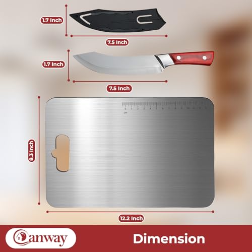 Image of CANWAY Stainless Steel Chopping Board 31x21 Cm with Handle & Knife | Compact, Hygienic & Easy-Clean Kitchen Cutting Board for Vegetables, Fruits & Meat |
