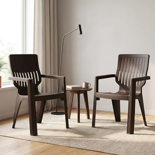 Image of Nilkamal Ortho Comfort Plastic Chair with Arm|Set of 2| 3 Year Warranty |Stackable Chair for Home, Living Room, Dining Room, Cafe & Balcony |Ergonomic Back Support |Indoor & Outdoor |Season Rust Brown