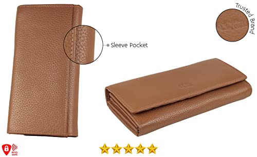 Image of Women's Top Grain Leather Wallet, RFID Blocking Bifold clutch, 17 Card Slots, Zip Pocket Organizer, Elegant Gift for Women - Birthday, Valentine, Anniversary - Pebble Cognac