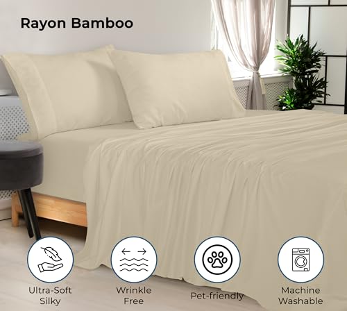 Image of Royale Linens Bamboo Viscose Queen Sheet Set - Cooling Bed Sheet Set - 1 Fitted, 1 Flat & 2 Pillowcase - Fits Up to 16 inch - Organic Viscose Derived from Bamboo - Bedding Sheet & Pillowcase (Queen, Sand)
