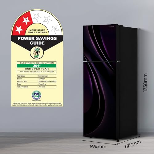 Image of SHARP 265 L 2 Star 7 in 1 Convertible mode Frost Free Double Door Refrigerator |Japan 7 Shield Protection|Hi-Tech Inverter ||ISI Certified Mirror Glass Finish Door|(Galaxy Strom, SJ-FF305V2-GKG)