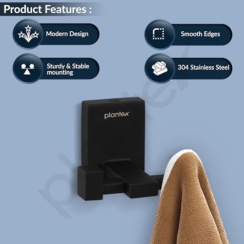 Image of Plantex 304 Grade Stainless Steel Hooks for Hanging Clothes /Robe Hooks for Bathroom /Cloth Hanger for Wall - Black (Senso)
