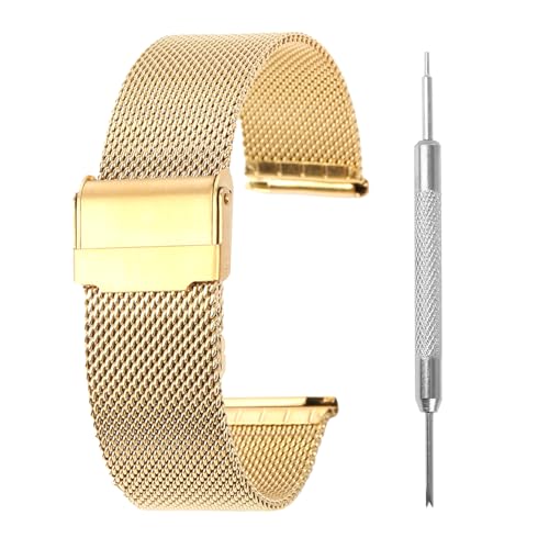 Winfox Stainless Steel Mesh Watch Band for Men Women,Quick Release Mesh Watch Straps 20mm(Gold)