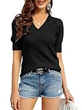 Zbyclub Womens V Neck Puff Short Sleeve Sweaters Pullover Shirt Tops Lightweight Knit Sweater Blouse