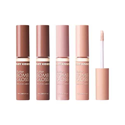 Ruby Kisses Lip Gloss Butter Bomb Gloss Non-Sticky Lip Gloss Vitamin E Natural Nude Lip Makeup Set - 7.8mL (0.26 US fl.oz) (Blind Date, Beau, Gloss, Babydoll)