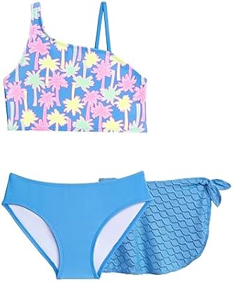 Aqua Green Girls Asymmetrical Bikini with Coverup Sarong 3-Piece Set, I Dream of Palm Trees, 12