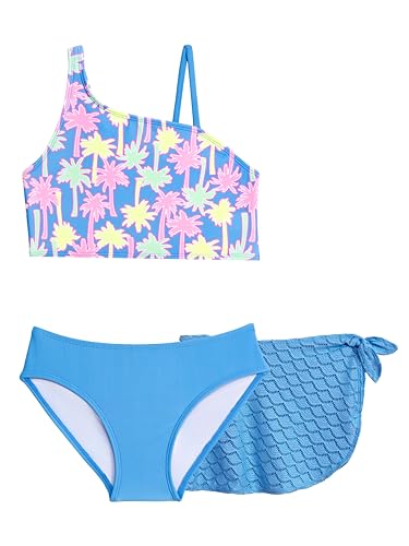 Aqua Green Girls Asymmetrical Bikini with Coverup Sarong 3-Piece Set, I Dream of Palm Trees, 12