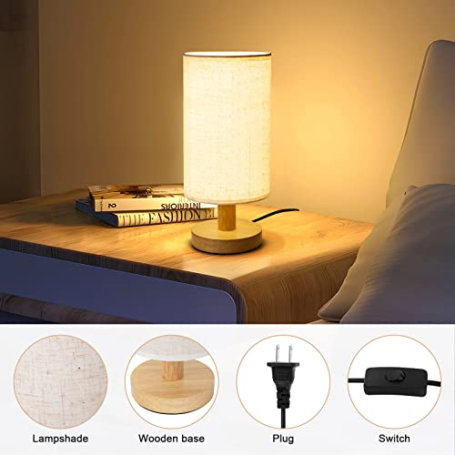 Image of Small Bedside Table Lamp for Bedroom, Minimalist Wood Base & Round Fabric Shade, Mini Cute Cozy Warm White Nightstand Boho Lamp, Study Desk Night Stand Light for Room, Dorm, Nursery, Living Room