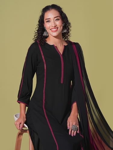 Image of GoSriKi Women's Rayon Viscose Straight Solid Kurta with Pant & Dupatta