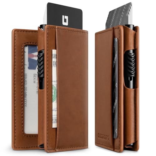 DUGRAFT Tarjetero de Cuero Hombre con Caja de Tarjeta de Crédito Automatico Pop UP RFID Bloqueo, Cartera Plegable con Ventana de ID y Ranuras, Marrón