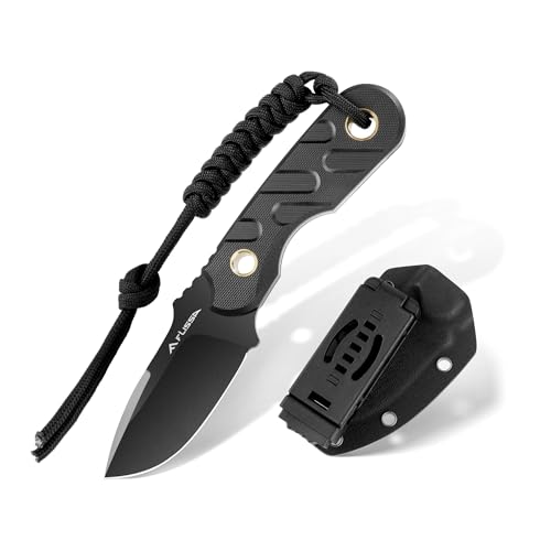 FLISSA Fixed Blade Knife, 7 Inch Full Tang Hunting Knife with Kydex Sheath and Emergency Rope, Tactical Knife with G10 Handle for Survival, Camping, Hiking(Black)