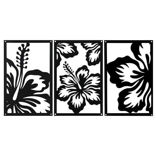 Black Metal Wall Art Set of 3, Elegant Floral Wall Decor with 3D Effect, Water-Resistant Modern Flower Silhouette Sculpture for Living Room, Bedroom, Bathroom and Office (Flower, 17 x 12 in)