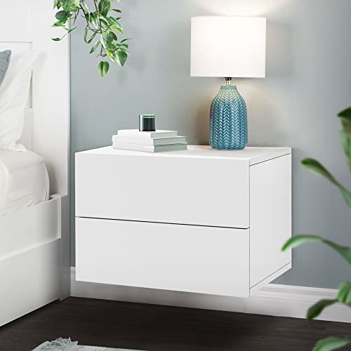 ML-Design Mesilla de Noche 42 x 29 x 30 cm Blanco Mate Armario Colgante con 2 Cajones Cómoda Mesita Flotante Armario de Pared Cajonera Mueble Auxiliar para Dormitotio Salón Habitación Organizador