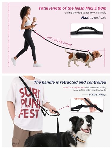 Heelay Freihändige Hundeleine für alle Körpergrößen – 2,0–3,9 m, mit doppelt verstellbarem Schnallenverschluss und gepolstertem Griff für 1 oder 2 mittelgroße/große Hunde, 8–50 kg, Schwarz