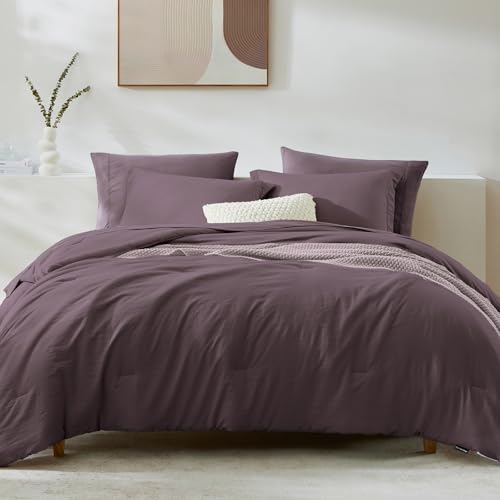 Image of Super King Plus Size Comforter Set- 7 Pieces Bed in a Bag King Bedding Sets | Prewashed All Season Comforter with Sheets, Pillow Shams & Pillowcases, Artic Plum
