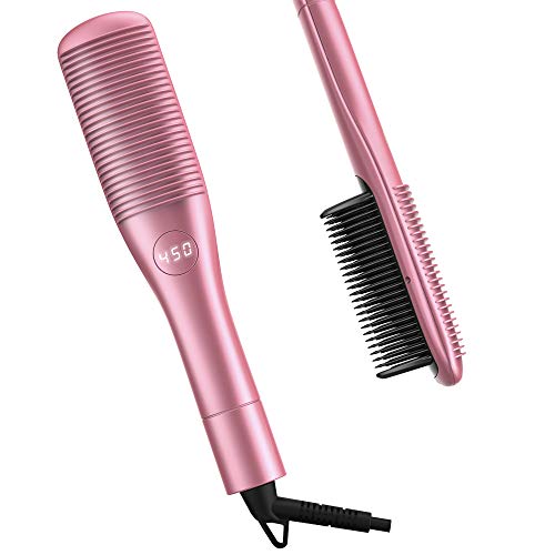 Hair Straightener Brush, USHOW Straightening Brush with Anti-Scald, LCD Temp Display & 8 Temp Settings, Auto-Off & Dual-Voltage Portable Hair Brush Straightener Straight Heated Comb (Rose Gold)