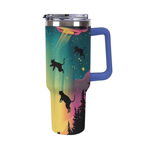 El Mejor Listado de Marcianos Tumblr de esta semana. 47 Funny Cats Aliens - Vaso de 40 onzas con asa y pajita aislada de acero inoxidable para viaje, taza de café para coche