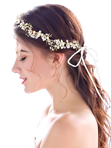 Yean Wedding Headband Flower Gold Rhinestones Twig Headpieces Boho Bridal Hair Vine Accessories with Ribbon for Brides and Bridesmaids - 15.74''