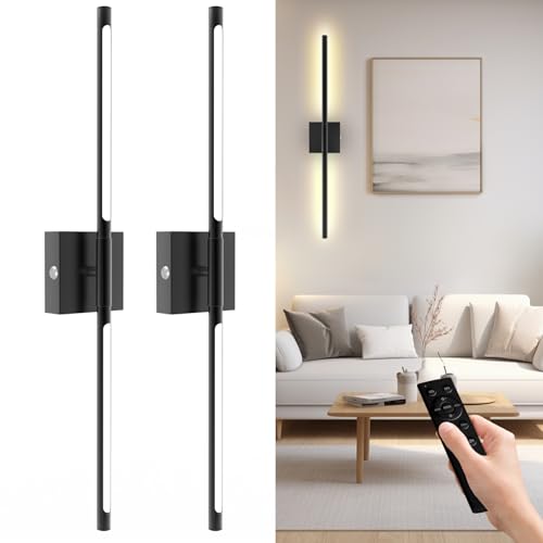 Image of Battery Operated Wall Sconces Set of 2 Rechargeable LED Wall Lights, Dimmable 3000K-6500K, Battery Sconces Wall Decor for Bedroom Living Room Hallway（com (Black, 27 INCH)