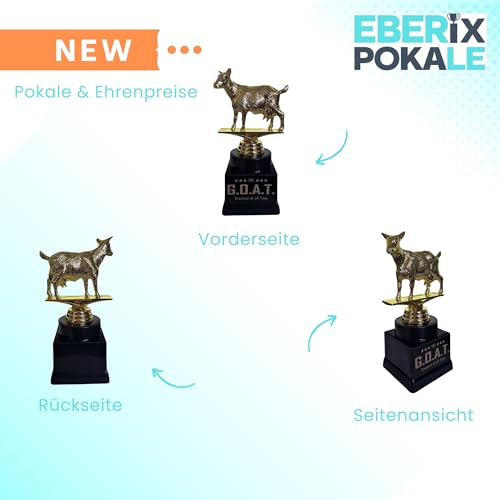 EBERiX POKALE – G.O.A.T. Pokal – Greatest of All Time *Black Edition* – 17,5 cm – Fun Award mit Gravur, beschwerter Kunststoffsockel – lustige Trophäe für Sport, Büro, Events & MVP´s